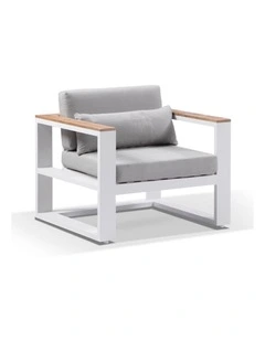 Balmoral 1 Seater Outdoor Aluminium and Teak Arm Chair White & Textured Olefin Grey Cushions