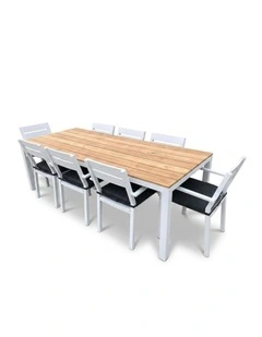 Tuscany 8 Seater Teak Top Aluminium Dining Setting White With Santorini Chairs & Denim Grey Cushions