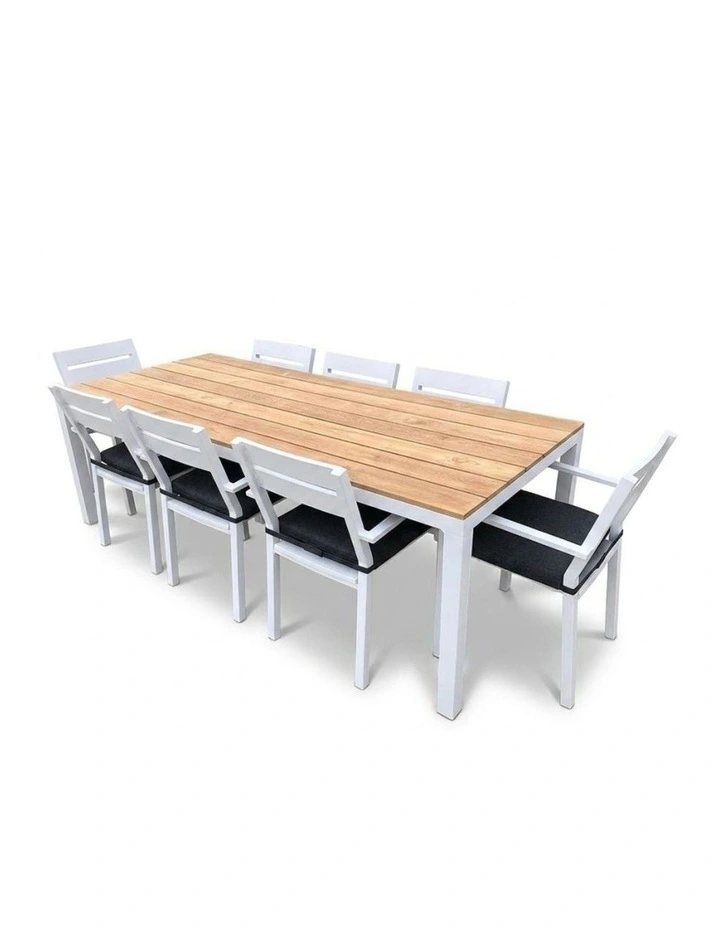 Tuscany 8 Seater Teak Top Aluminium Dining Setting White With Santorini Chairs & Denim Grey Cushions image 1