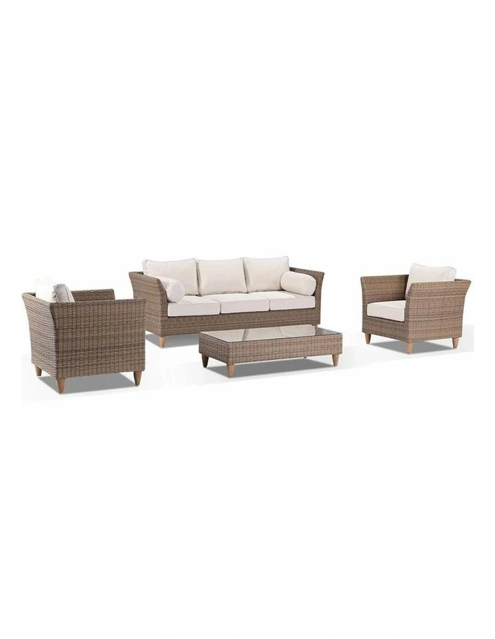 Carolina 3 1 1 Seater Outdoor Wicker Lounge Set Brushed Wheat With Coffee Table & Cream Cushions image 1