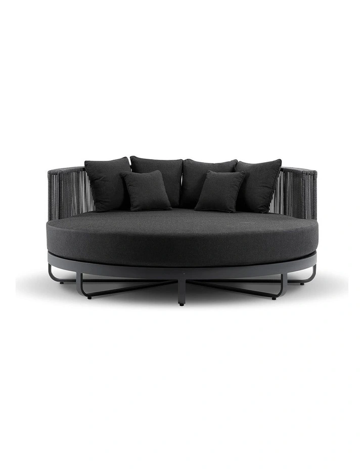 Cannes Large 2m Outdoor Round Aluminium and Rope Daybed Charcoal & Denim Grey Cushions image 2