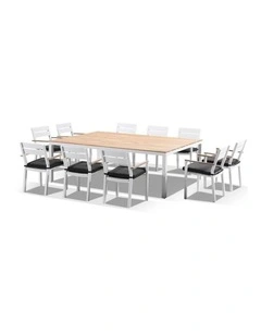 Tuscany 10 Seater Table White With Capri chairs with Teak Arm Rests & Denim Grey Cushions