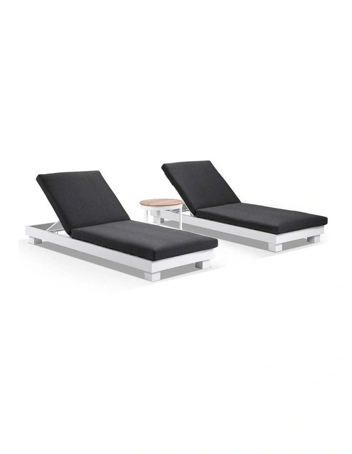 Santorini Aluminium Sun Lounge Set White With Round Table & Denim Grey Cushions image 1