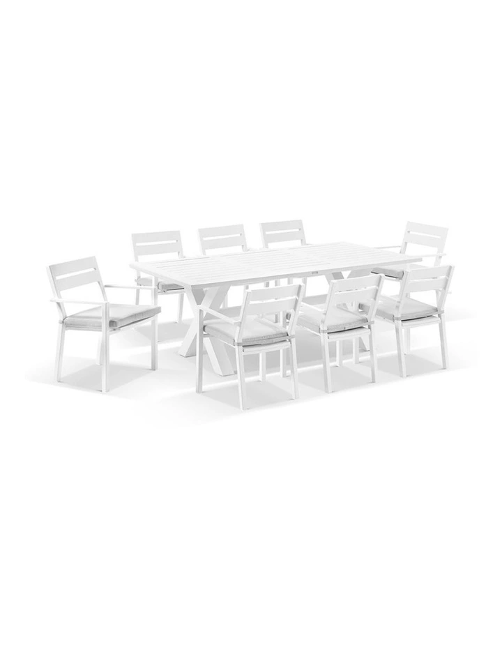 Tahitian 2.1m Aluminium Dining Table White With 8 Santorini Chairs & Textured Olefin Grey Cushions image 1