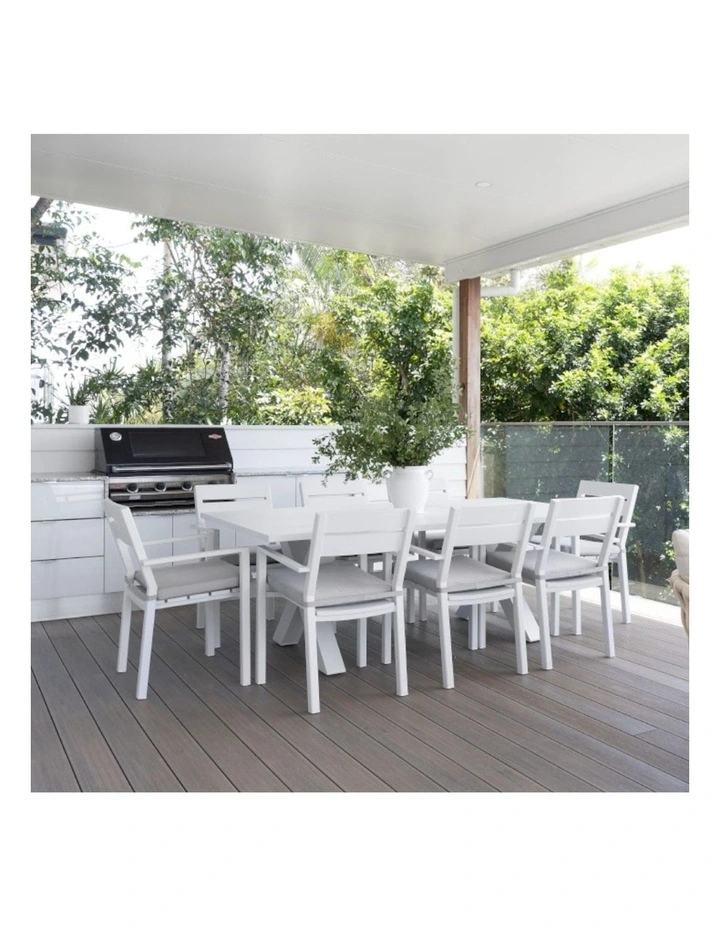 Tahitian 2.1m Aluminium Dining Table White With 8 Santorini Chairs & Textured Olefin Grey Cushions image 5