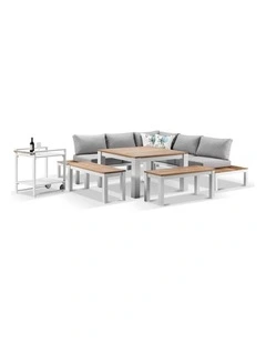 Nova Aluminium Lounge and Dining Setting White With Cart & Textured Olefin Grey Cushions