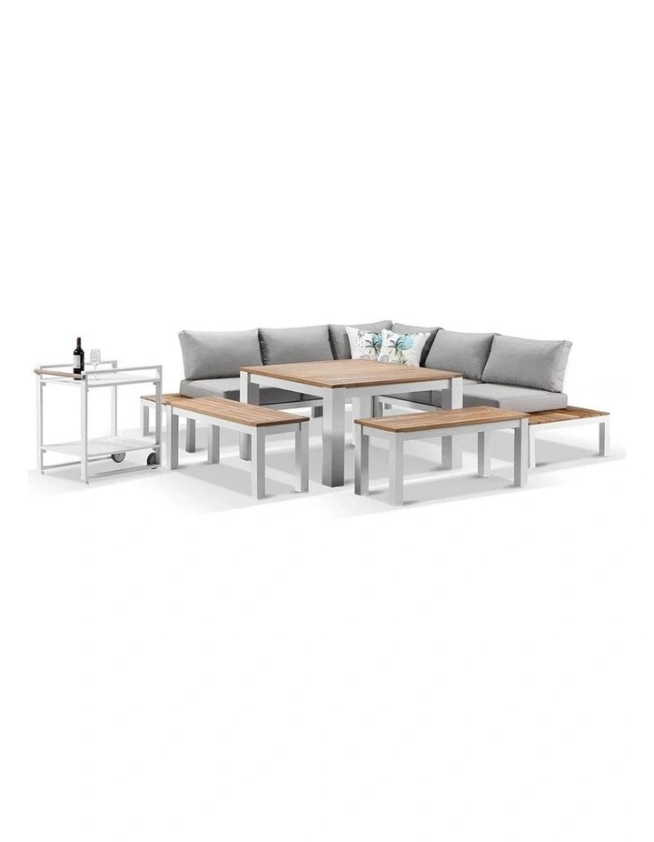 Nova Aluminium Lounge and Dining Setting White With Cart & Textured Olefin Grey Cushions image 1