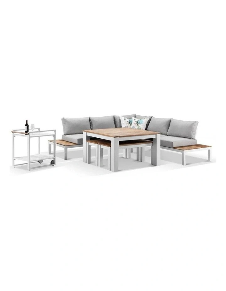Nova Aluminium Lounge and Dining Setting White With Cart & Textured Olefin Grey Cushions image 3