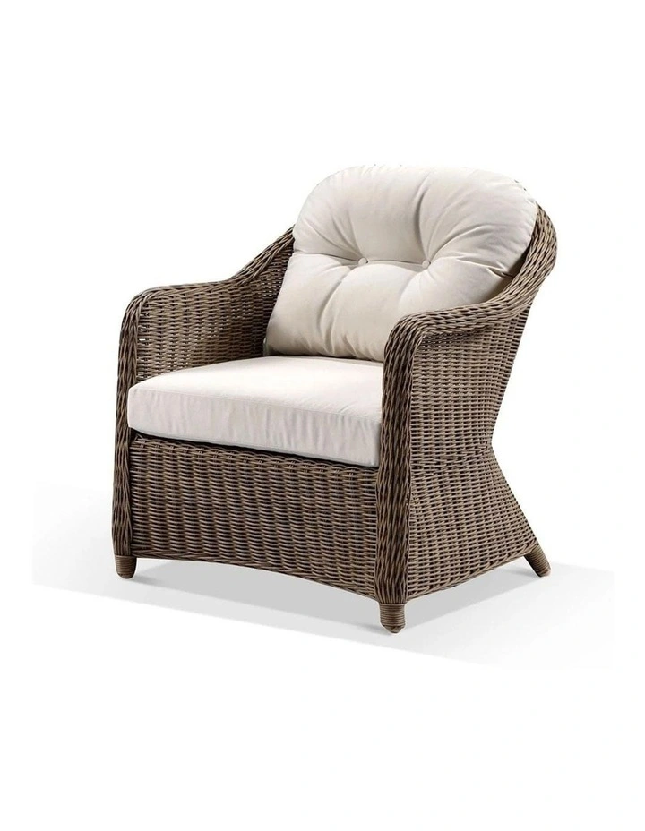 Plantation Outdoor Wicker Lounge Arm Chair Brushed Wheat & Cream Cushions image 2
