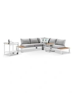 Nova Aluminium Lounge White With Bar Cart & Side Table Textured Olefin Grey Cushions