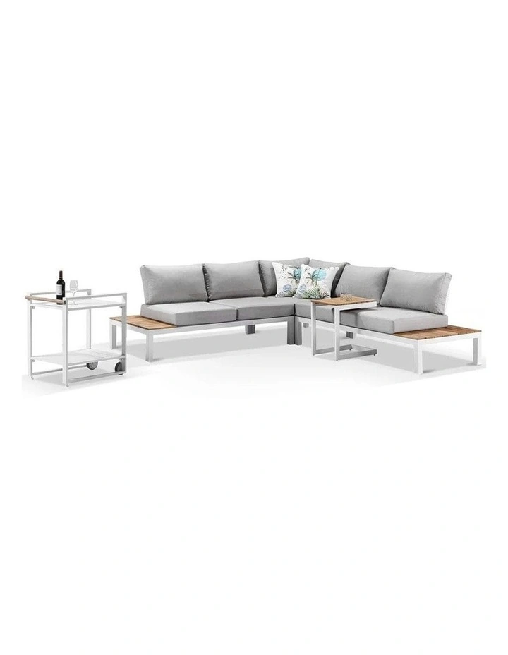 Nova Aluminium Lounge White With Bar Cart & Side Table Textured Olefin Grey Cushions image 1