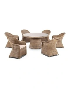 Plantation 6 Seater Outdoor Wicker Round Dining Table and Chairs Set Brushed Wheat & Cream Cushions