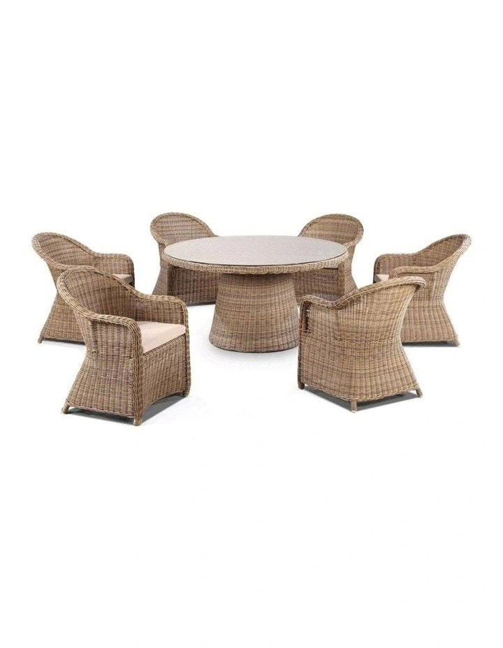 Plantation 6 Seater Outdoor Wicker Round Dining Table and Chairs Set Brushed Wheat & Cream Cushions image 1