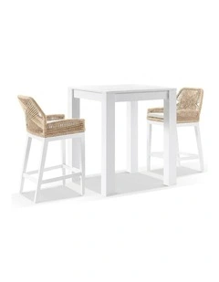 Santorini Outdoor Aluminium Square Bar Table White With 2 Hugo Stools & Cream Rope/Cream Cushions