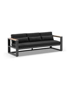Balmoral 3 Seater Outdoor Aluminium and Teak Lounge Charcoal & Denim Grey Cushions