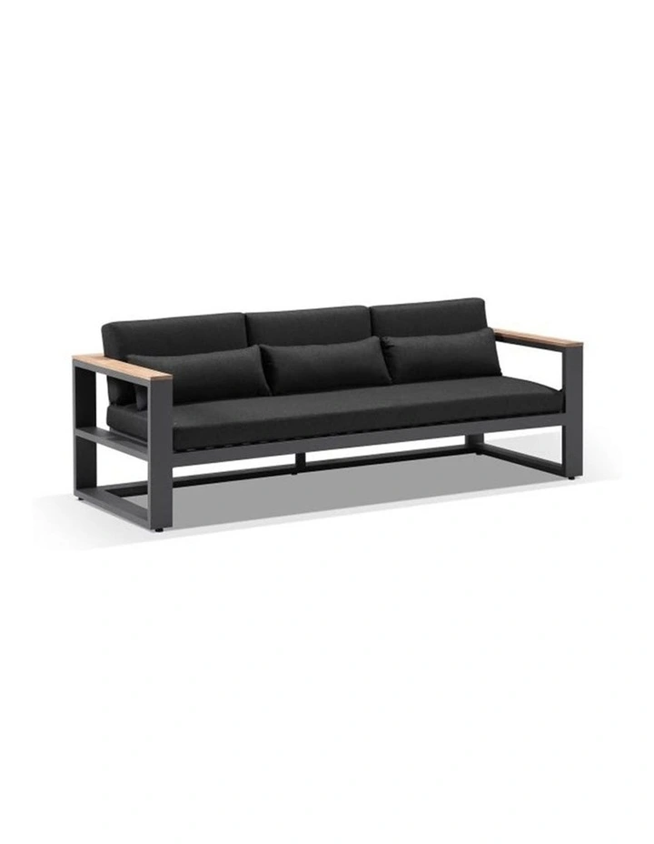 Balmoral 3 Seater Outdoor Aluminium and Teak Lounge Charcoal & Denim Grey Cushions image 1