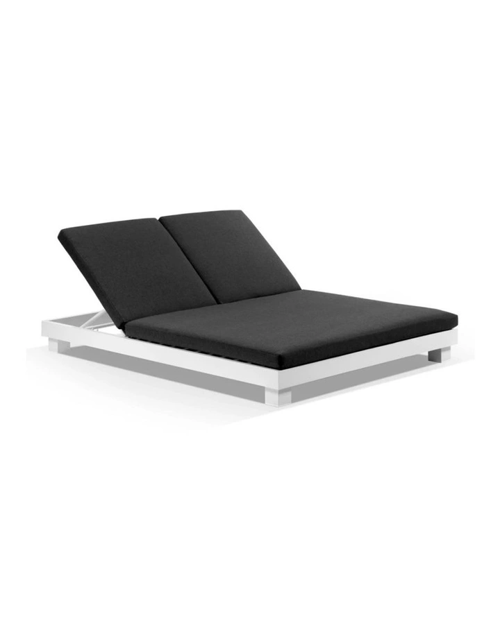 Santorini Aluminium Double Sun Lounge White With Round Side Table & Denim Grey Cushions image 2