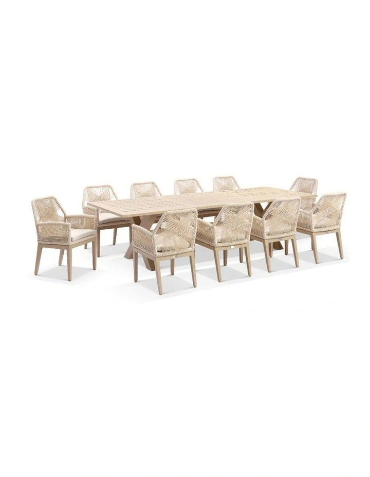 Tahitian 3m Aluminium Dining Table Light Oak With 10 Hugo Chairs & Cream Rope/Cream Cushions image 1