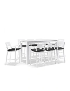 Santorini Outdoor Aluminium 2m Bar Table White With 8 Stools & Denim Grey Cushions