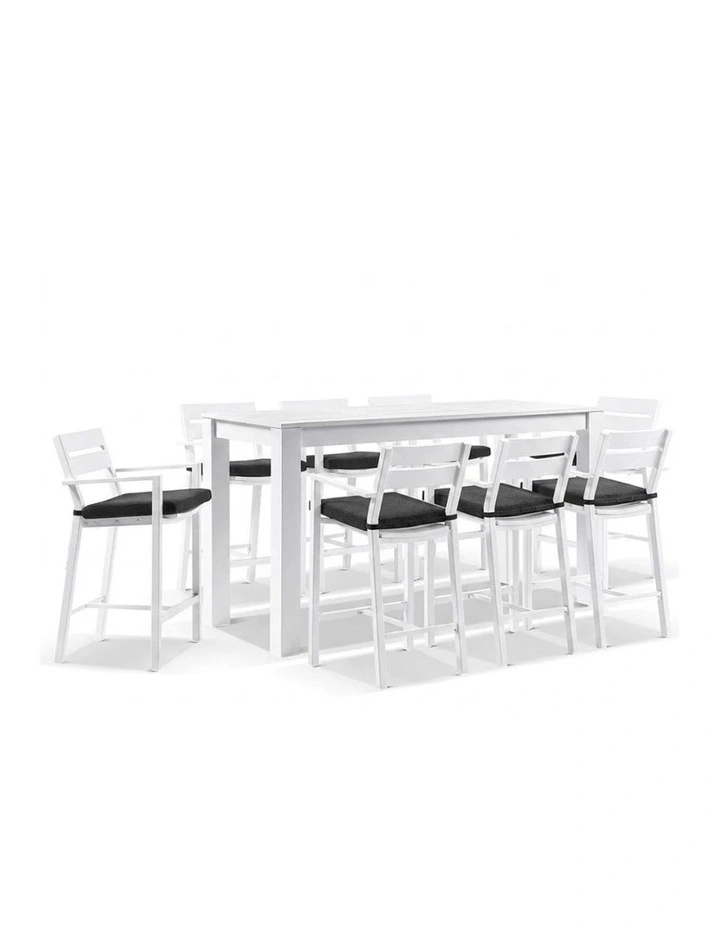 Santorini Outdoor Aluminium 2m Bar Table White With 8 Stools & Denim Grey Cushions image 1
