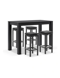 Santorini Outdoor 1.5m Bar Table Charcoal With 4 Avoca Stools & Denim Grey Cushions