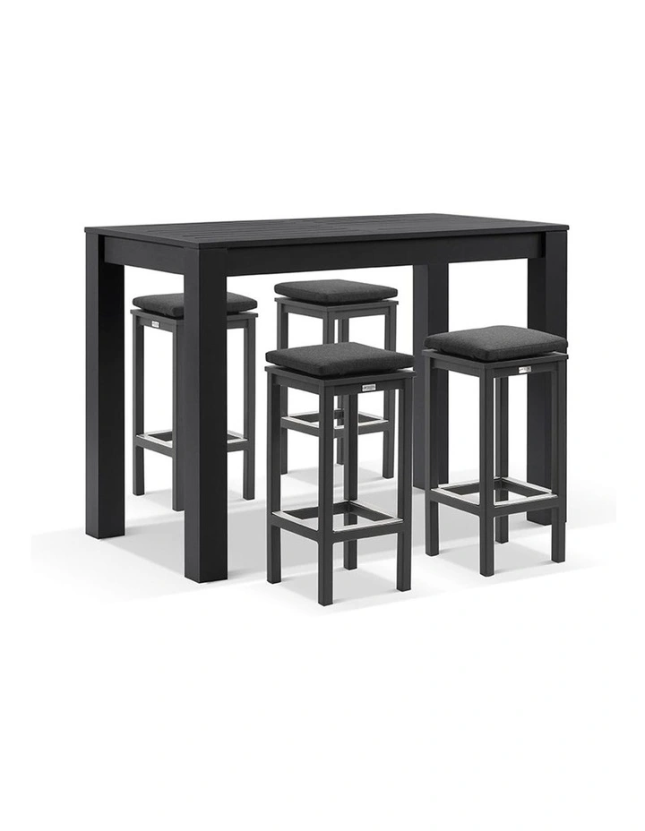 Santorini Outdoor 1.5m Bar Table Charcoal With 4 Avoca Stools & Denim Grey Cushions image 1