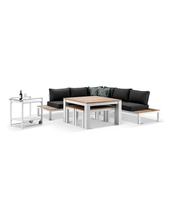Nova Aluminium Lounge and Dining Setting White With Cart & Denim Grey Cushions image 1