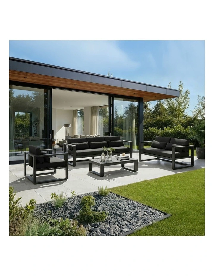 Santorini 3 2 1 Outdoor Lounge Setting Charcoal With Coffee Table & Denim Grey Cushions image 6