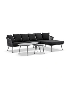 Herman Outdoor Rope Chaise Lounge Set Carbon Grey With Coffee Table & Denim Cushions