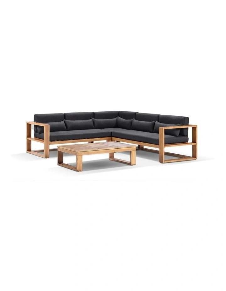 Santorini Package A Outdoor Aluminium Corner Lounge Teak Look & Denim Grey Cushions image 1