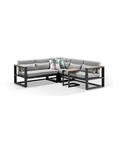 Balmoral Outdoor Aluminium & Teak Lounge Charcoal With Side Table Textured Olefin Grey Cushions