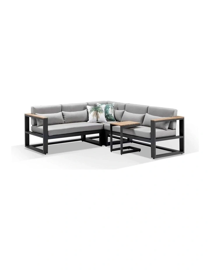 Balmoral Outdoor Aluminium & Teak Lounge Charcoal With Side Table Textured Olefin Grey Cushions image 1