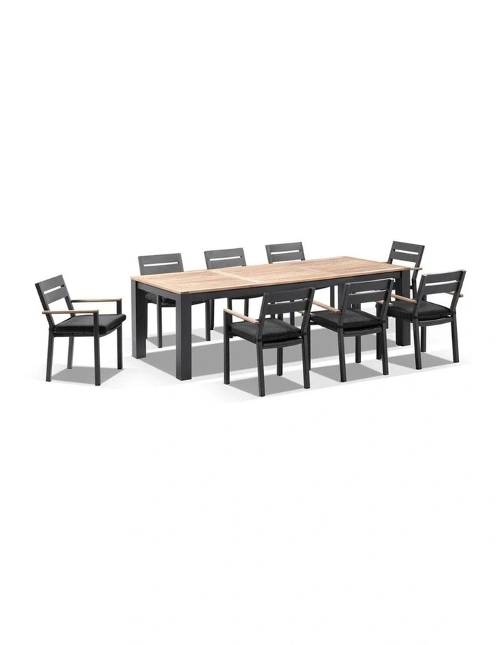 Balmoral 2.5m Teak Top Aluminium Table Charcoal With 8 Capri Dining Chairs & Denim Grey Cushions image 1