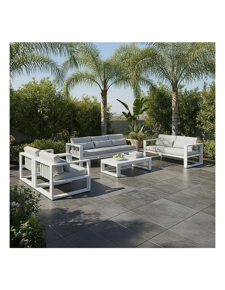 Santorini 3 2 1 1 Outdoor Aluminium Lounge Set White With Coffee Table & Olefin Light Grey Cushions image 2