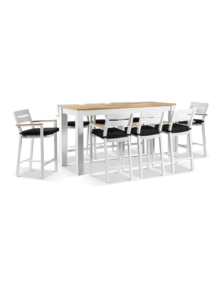 Balmoral 2m Aluminium Bar Table White With 8 Capri Stools & Denim Grey Cushions image 1