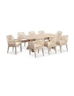 Tahitian 2.1m Aluminium Dining Table Light Oak With 8 Hugo Chairs & Cream Rope/Cream Cushions