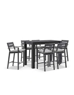 Santorini Outdoor Aluminium 1.5m Bar Table Charcoal With 6 stools & Light Grey Cushions