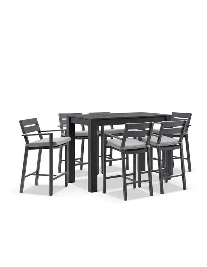 Santorini Outdoor Aluminium 1.5m Bar Table Charcoal With 6 stools & Light Grey Cushions image 1