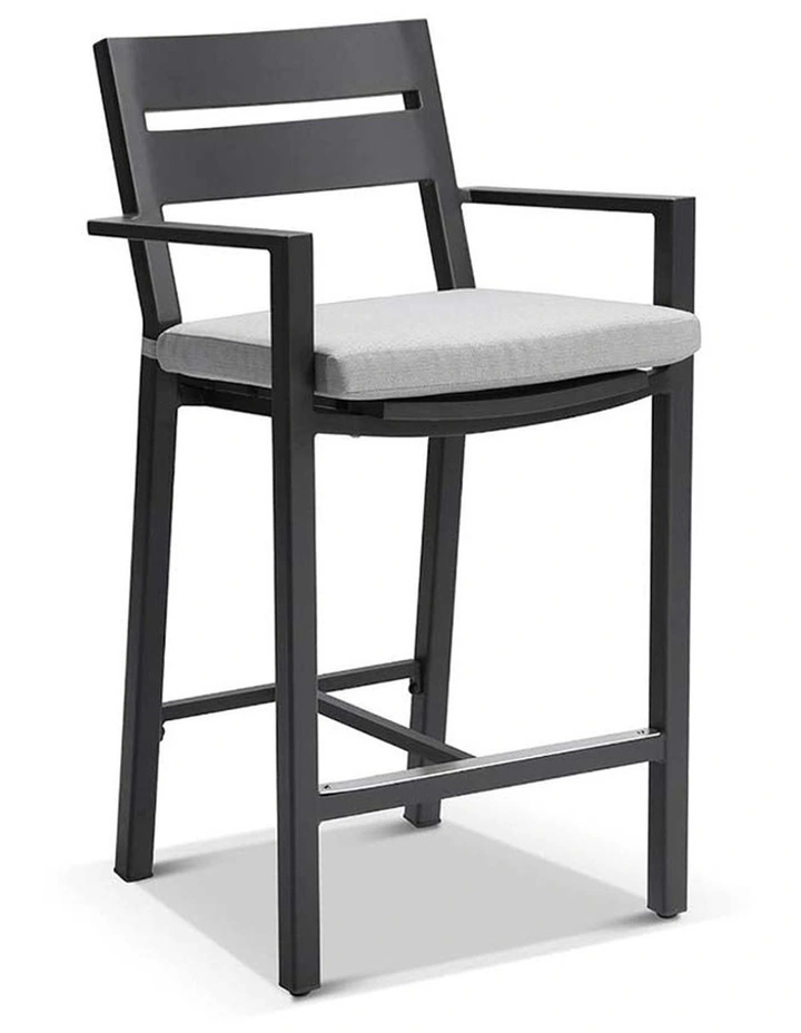 Santorini Outdoor Aluminium 1.5m Bar Table Charcoal With 6 stools & Light Grey Cushions image 2