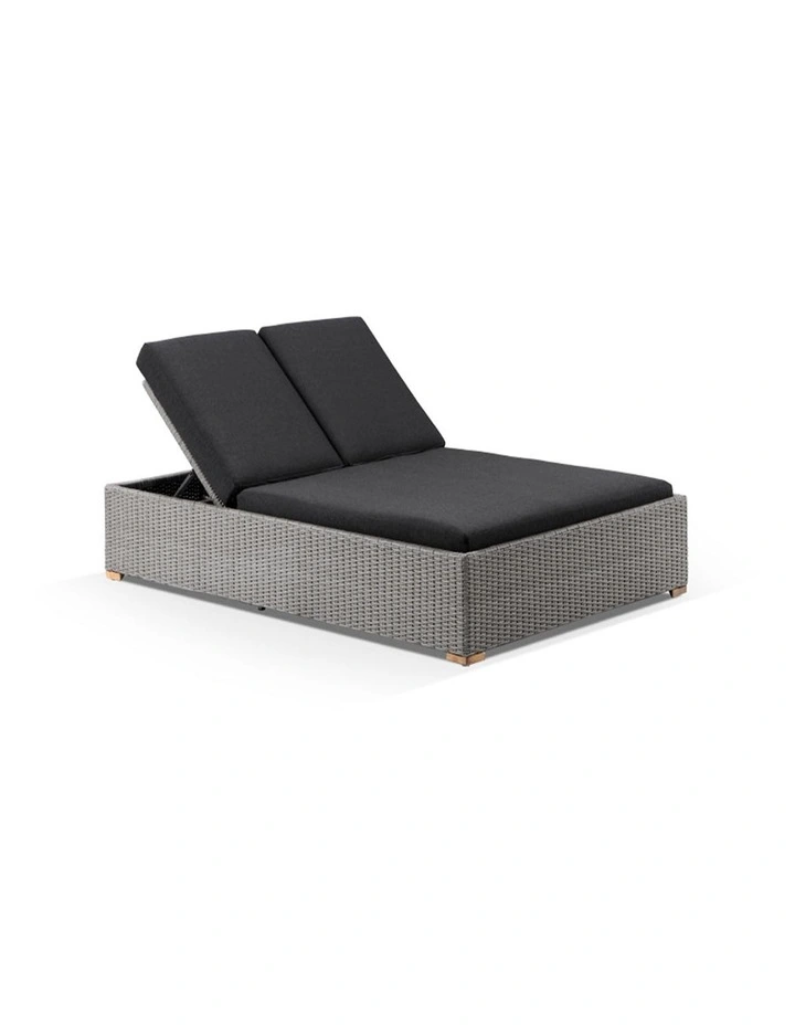 Breeze Outdoor Wicker Double Sun Lounge in Half Round Brushed Grey & Denim Cushions image 1