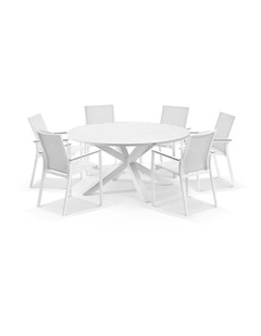 Houston Outdoor 1.5m Round Aluminium Table with 6 Patonga Dining Chairs White