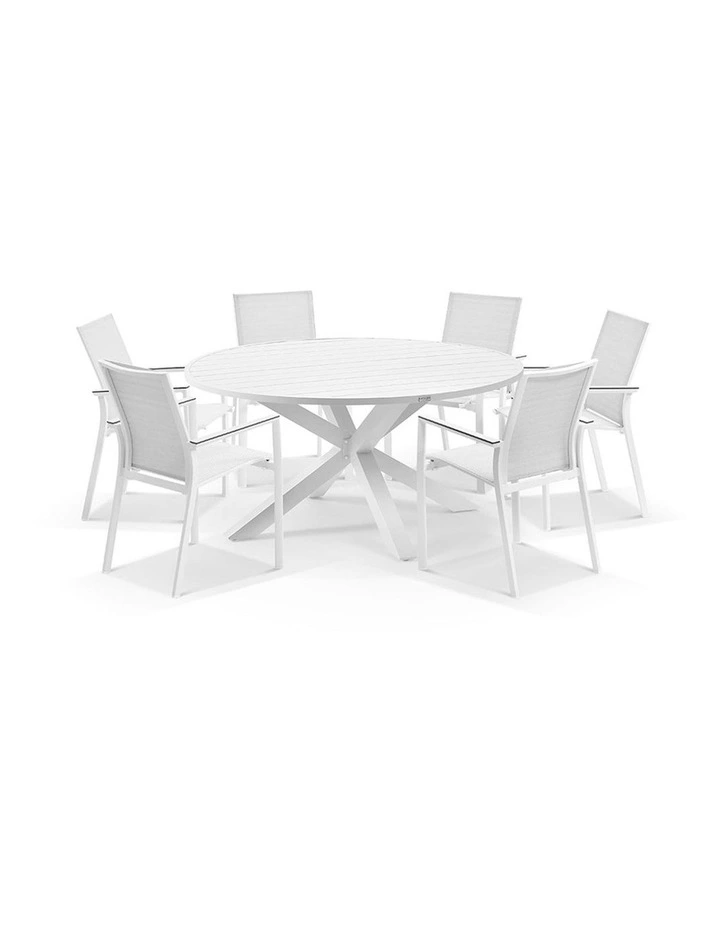 Houston Outdoor 1.5m Round Aluminium Table with 6 Patonga Dining Chairs White image 1
