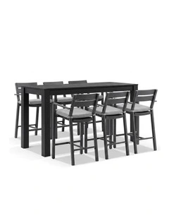 Santorini Outdoor Aluminium 2m Bar Table Charcoal With 6 stools & Textured Grey Cushions