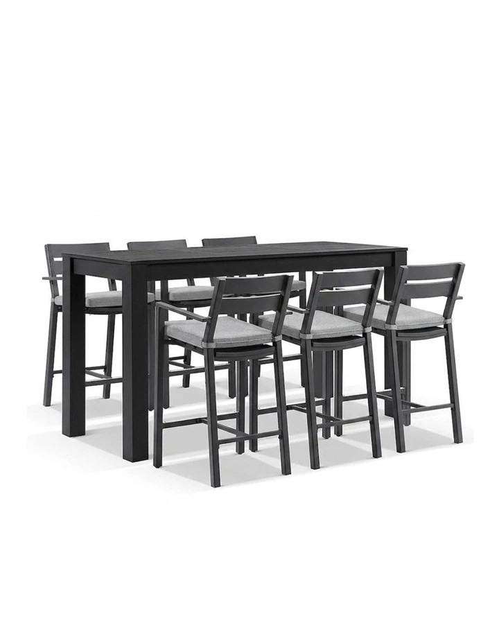 Santorini Outdoor Aluminium 2m Bar Table Charcoal With 6 stools & Textured Grey Cushions image 1