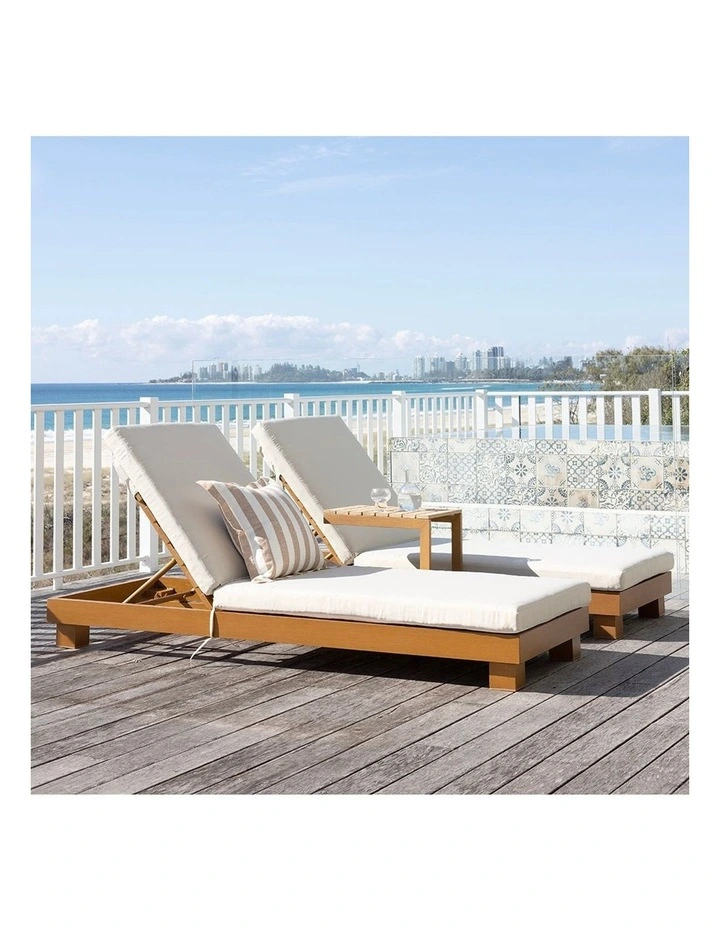 Santorini Outdoor Aluminium Pool Sun Lounge Set Teak Look & Cream Cushions image 2