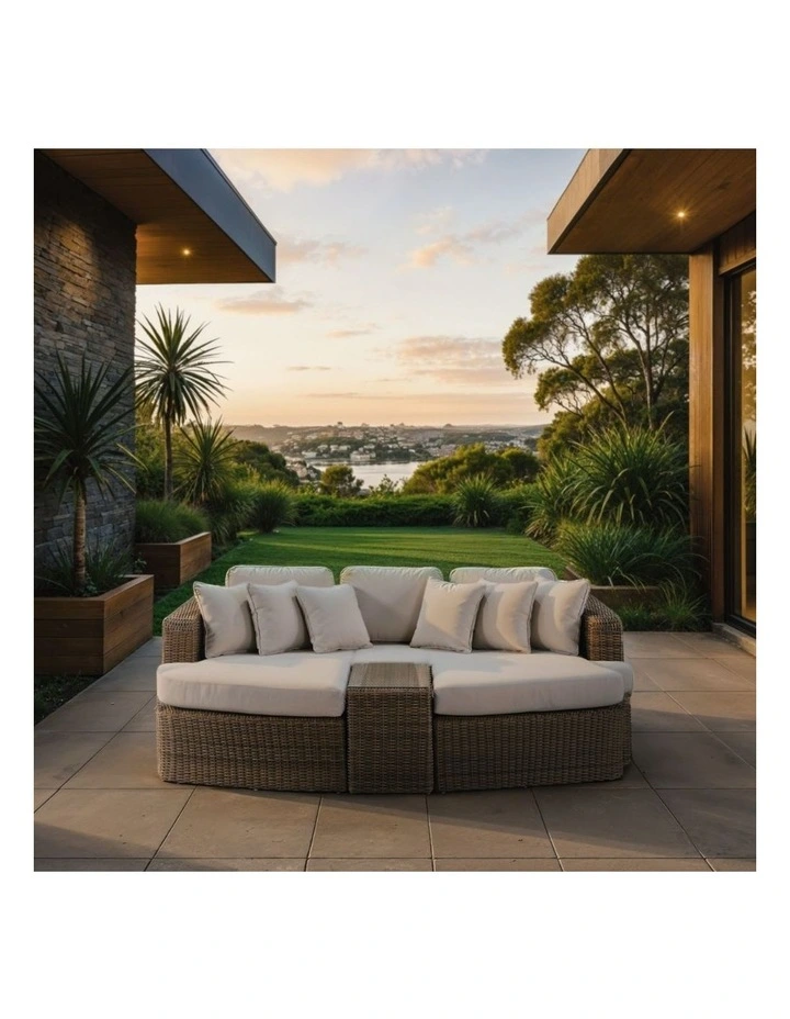 Noosa Outdoor Modular 4 Piece Daybed in Half Round Wicker Brushed Wheat & Cream Cushions image 7