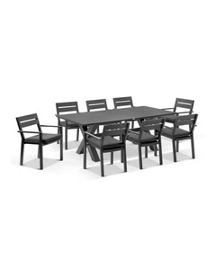 Tahitian 2.1m Aluminium Dining Table Charcoal With 8 Santorini Chairs & Denim Grey Cushions