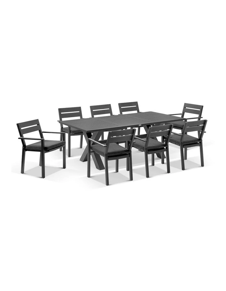 Tahitian 2.1m Aluminium Dining Table Charcoal With 8 Santorini Chairs & Denim Grey Cushions image 1