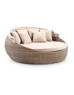 Large Newport Outdoor Wicker Round Daybed Brushed Wheat With Canopy & Sand Cushions