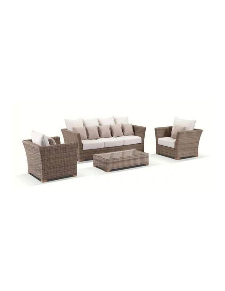 Coco 3 1 1 Seater Outdoor Wicker Lounge Brushed Wheat With Coffee Table & Cream Cushions image 1